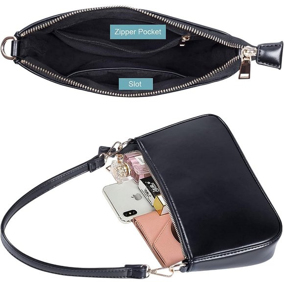 Nieimee Zhou Women Black Leather Shoulder Bag Classic Tote with Zipper Closure - Picture 3 of 11